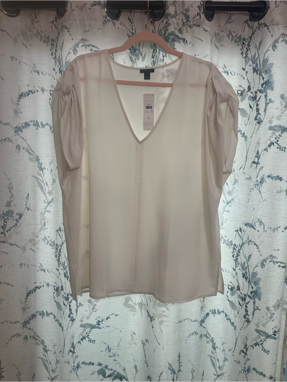 Ann Taylor Ivory V-Neck Blouse with Ruched Shoulder Detail